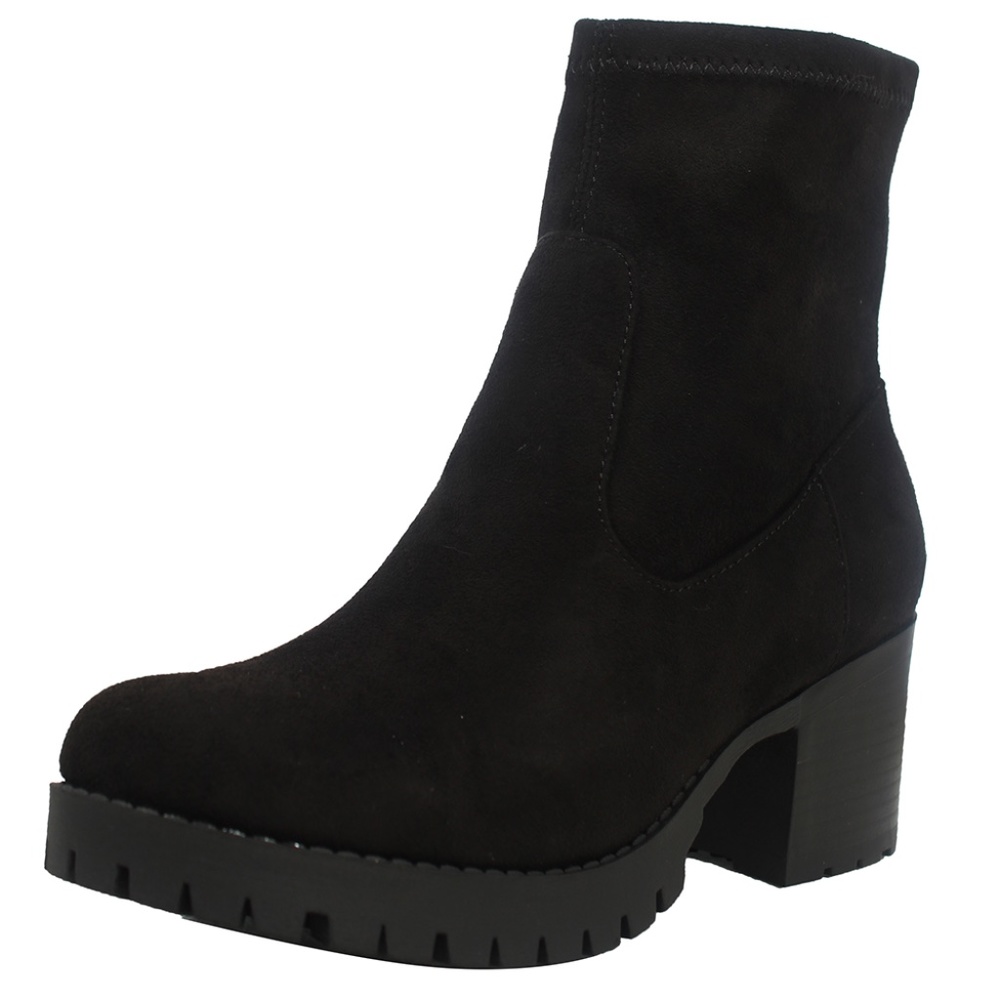 Black Faux Suede High Top Stack Block Heel Ankle Boot - Picture 3 of 6